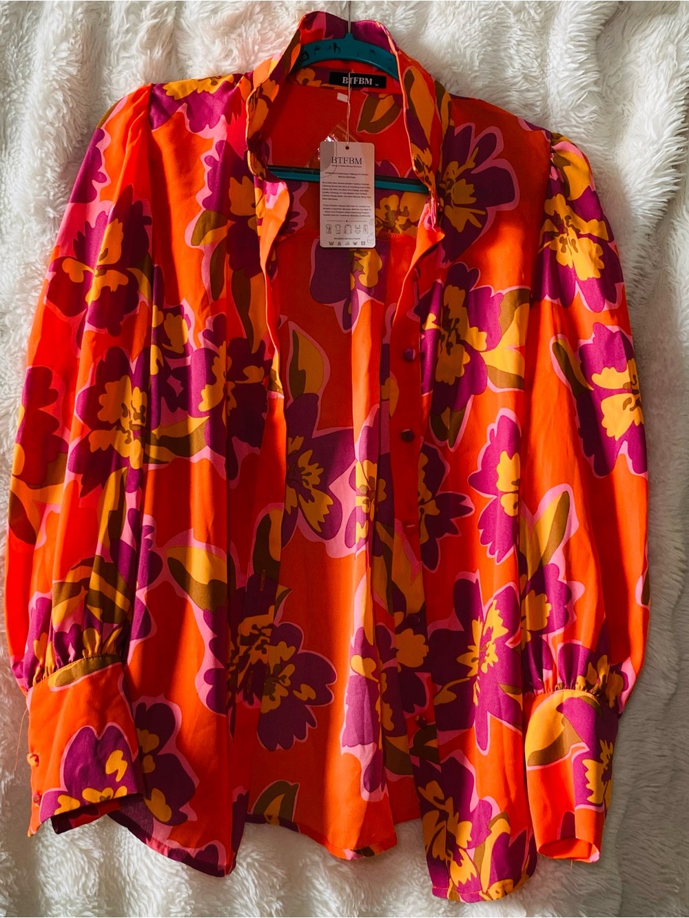 Vibrant Floral Button-Down Blouse BTFBM Orange & Pink